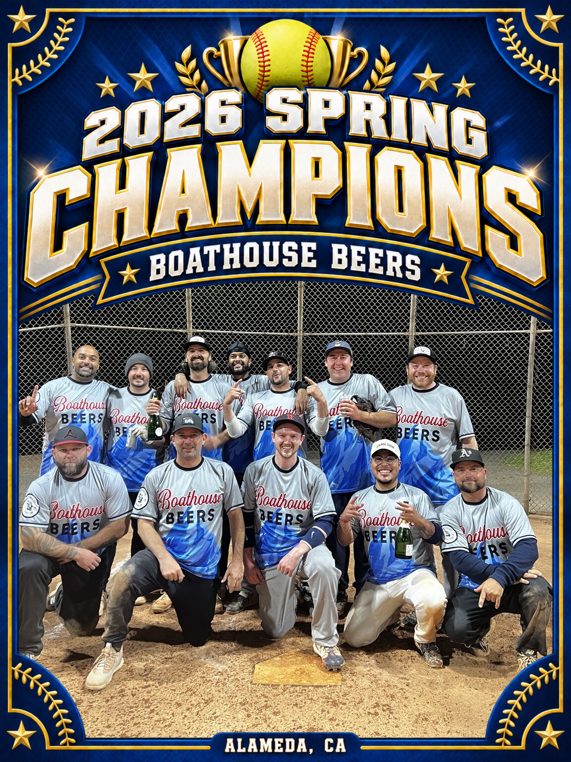 The Boathouse Beers championship team posing together in their gray and blue jerseys