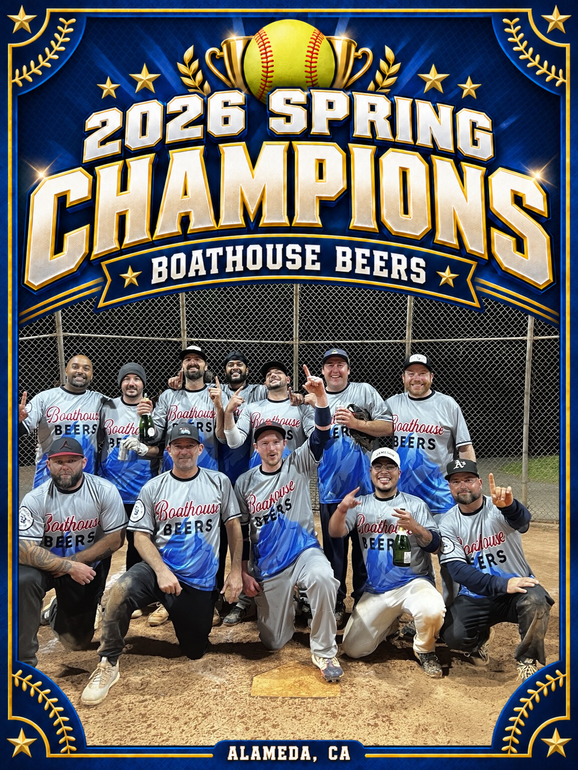 The Boathouse Beers championship team celebrating together on the softball field