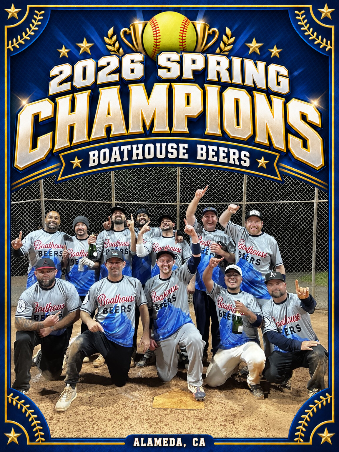 The Boathouse Beers championship team raising their hands after the title game