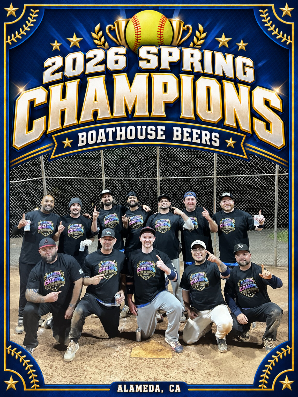 The Boathouse Beers team in championship shirts celebrating their Spring 2026 title