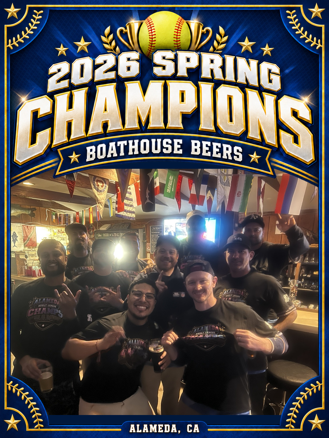 The Boathouse Beers celebrating their Spring 2026 championship together at the bar