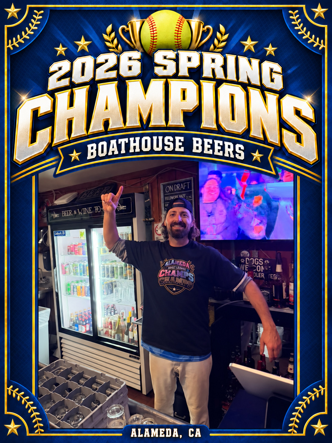 A Boathouse Beers player celebrating the Spring 2026 championship at Boathouse Tavern