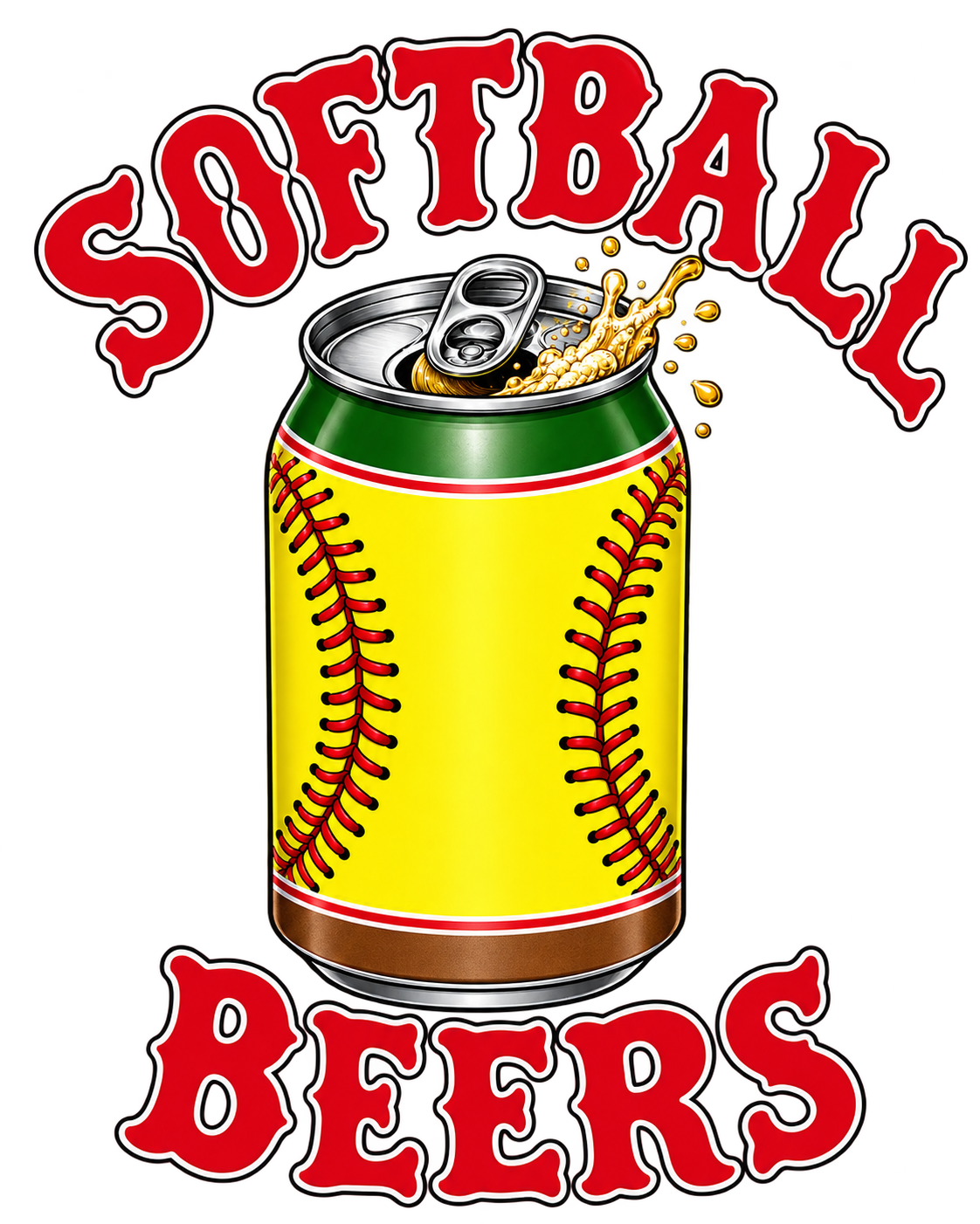 Softball Beers logo with red lettering and a yellow beer can with softball stitching